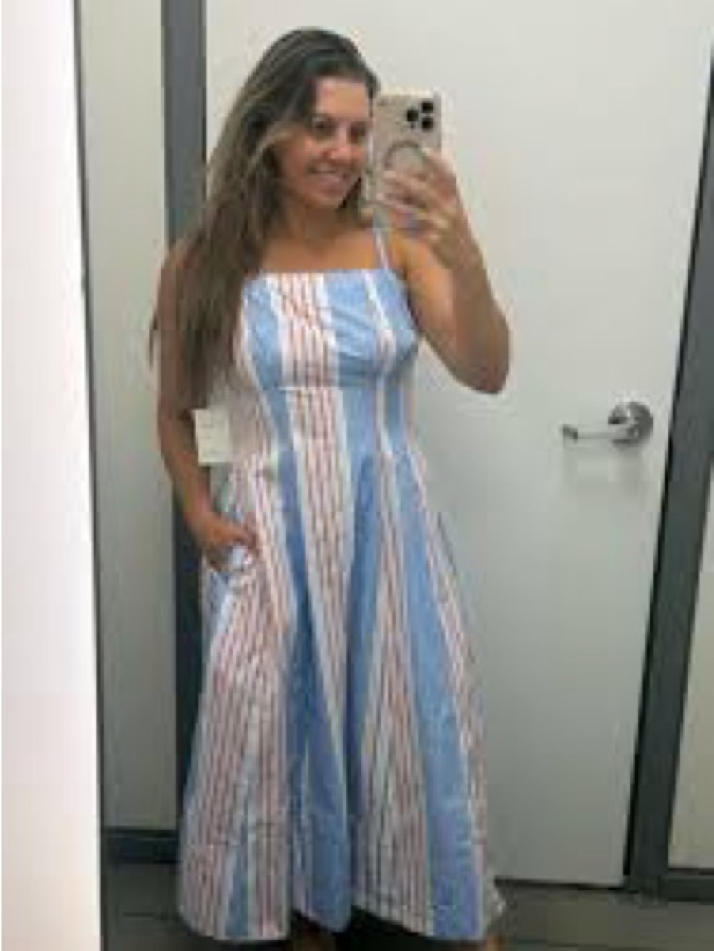 Free Assembly Blue & White Striped Spaghetti Strap Midi Dress with Red Accents - Picture 9 of 13